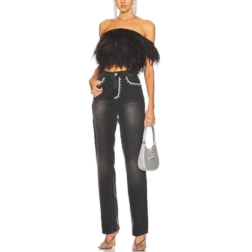 AREA NYC Crystal Backslit Jeans - Black size 0 NWT ✨🖤